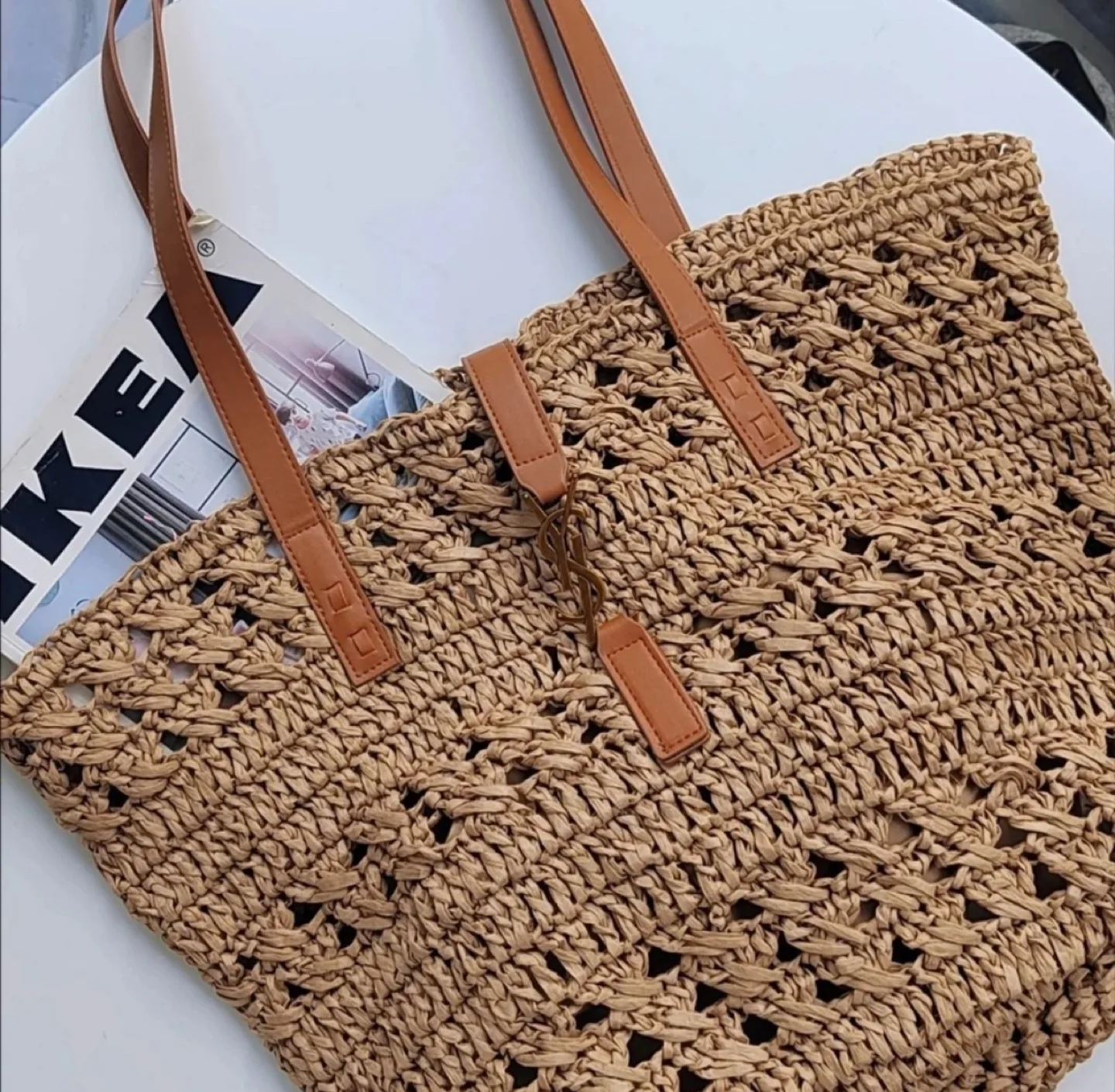 Designer Inspired Straw Crochet Tote Bag with Leather Handles image indicator(4)