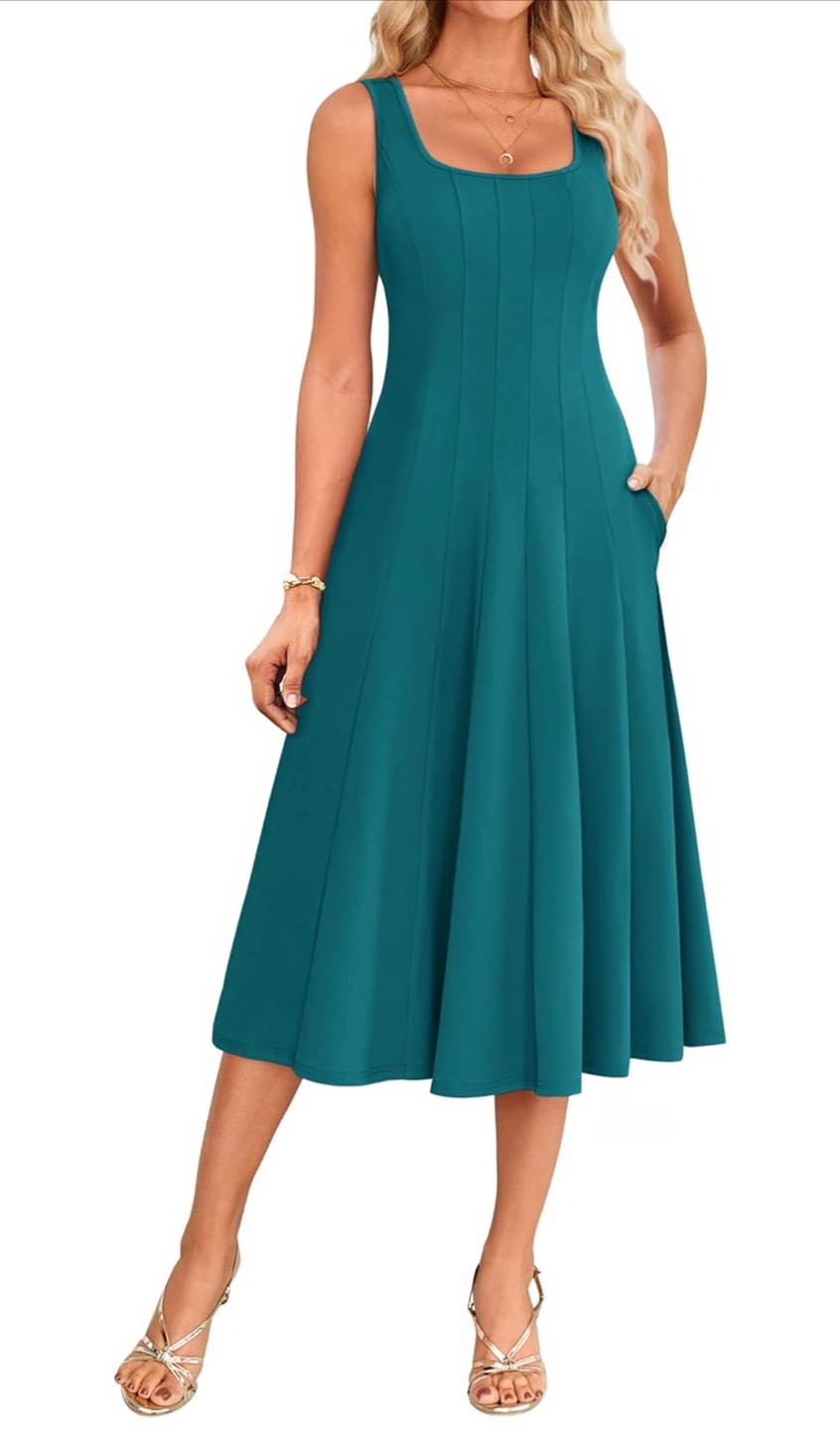 NEW! Grace Karin Pleated A-Line Swing Midi Tank Dress w Pockets