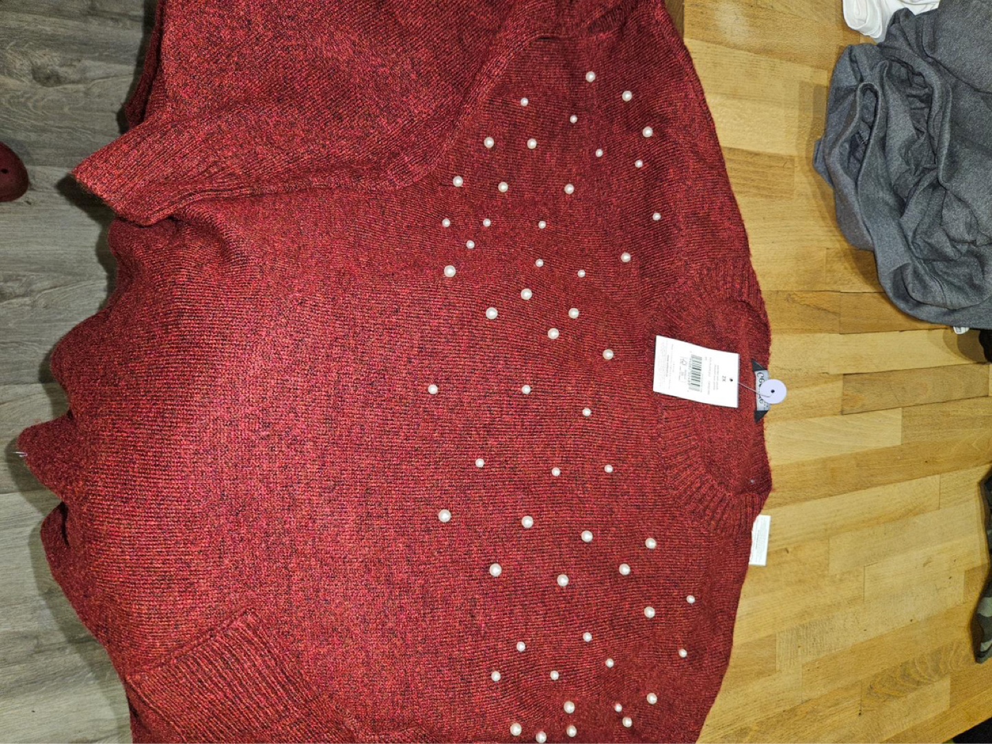 Burgandy Pearl-Embellished Knit Sweater
