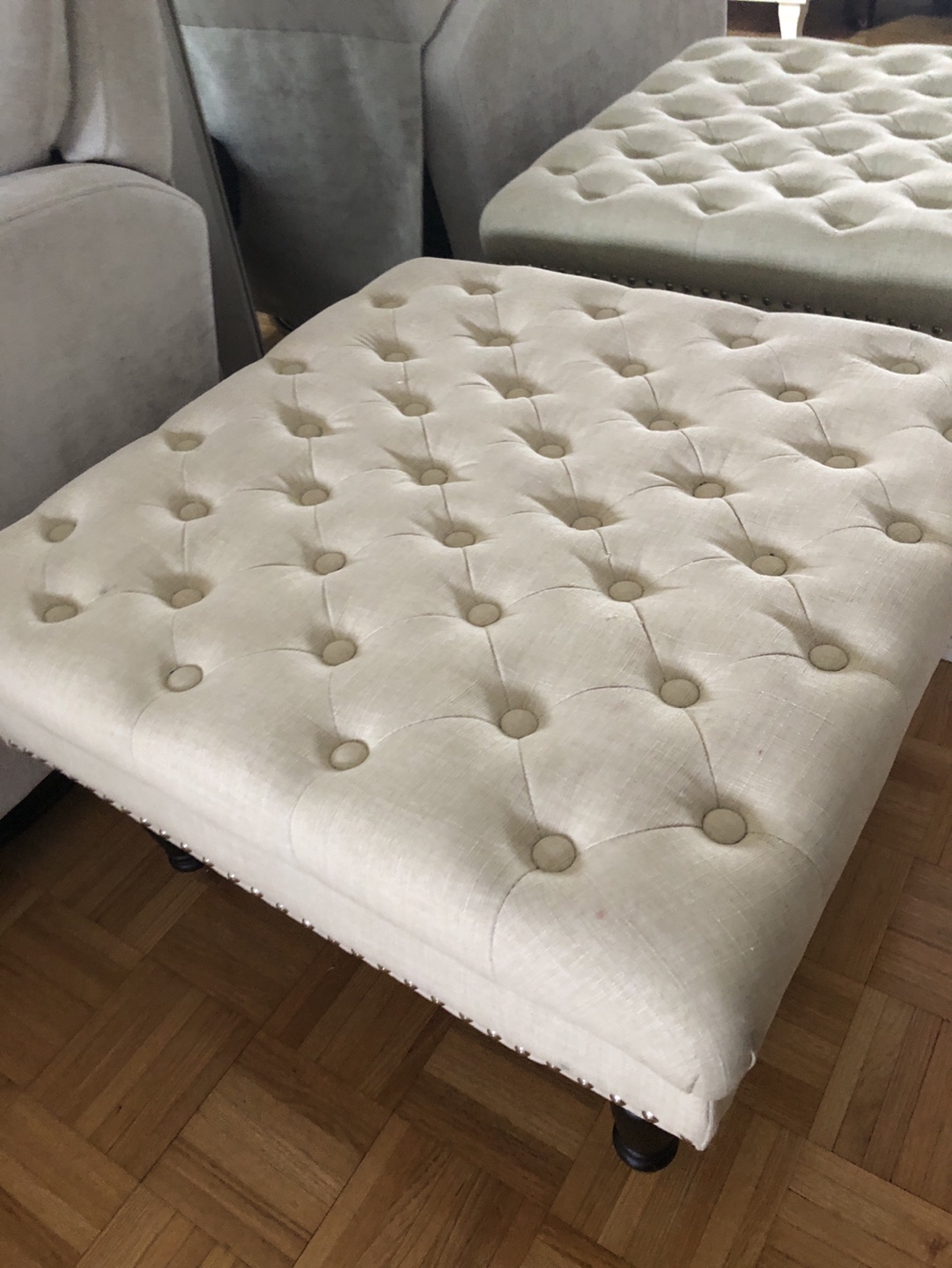 Square Tufted Ottoman - Beige Linen