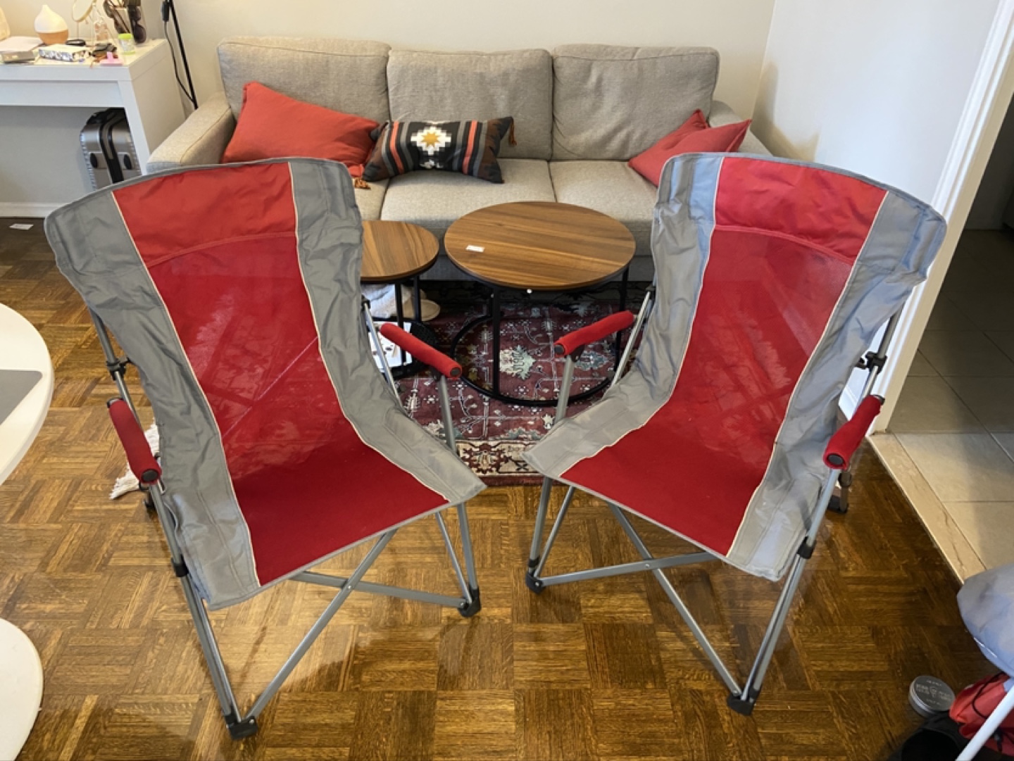 Pair of Red and Grey Folding Camping Chairs