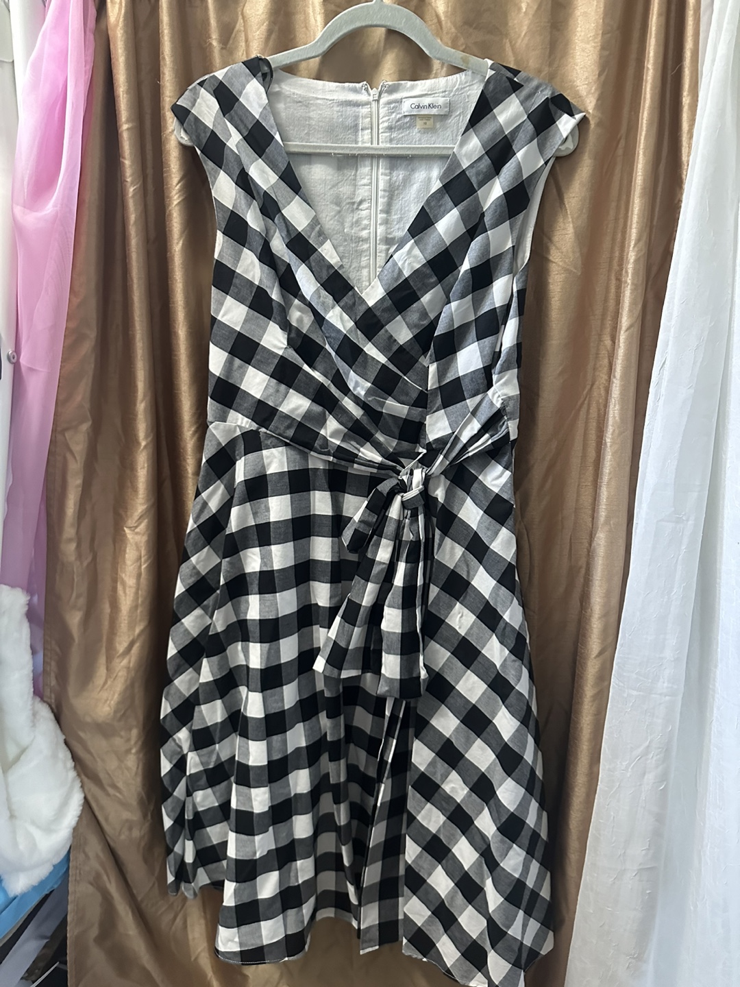 Calvin Klein Black and White Gingham Wrap Dress Size 10 - photo 2