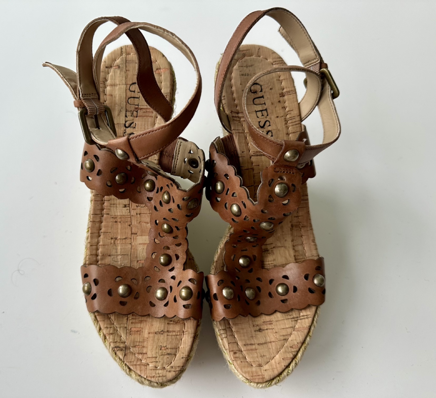 GUESS Women's Brown Leather Wedge Sandals - Size 6M
