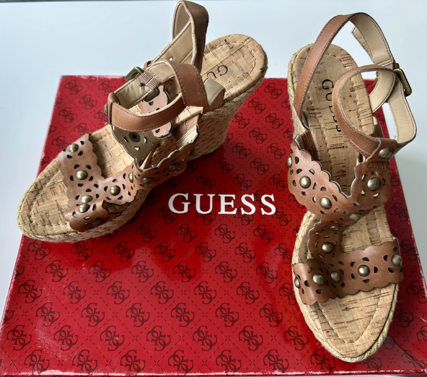 GUESS Women's Brown Leather Wedge Sandals - Size 6M - photo 3