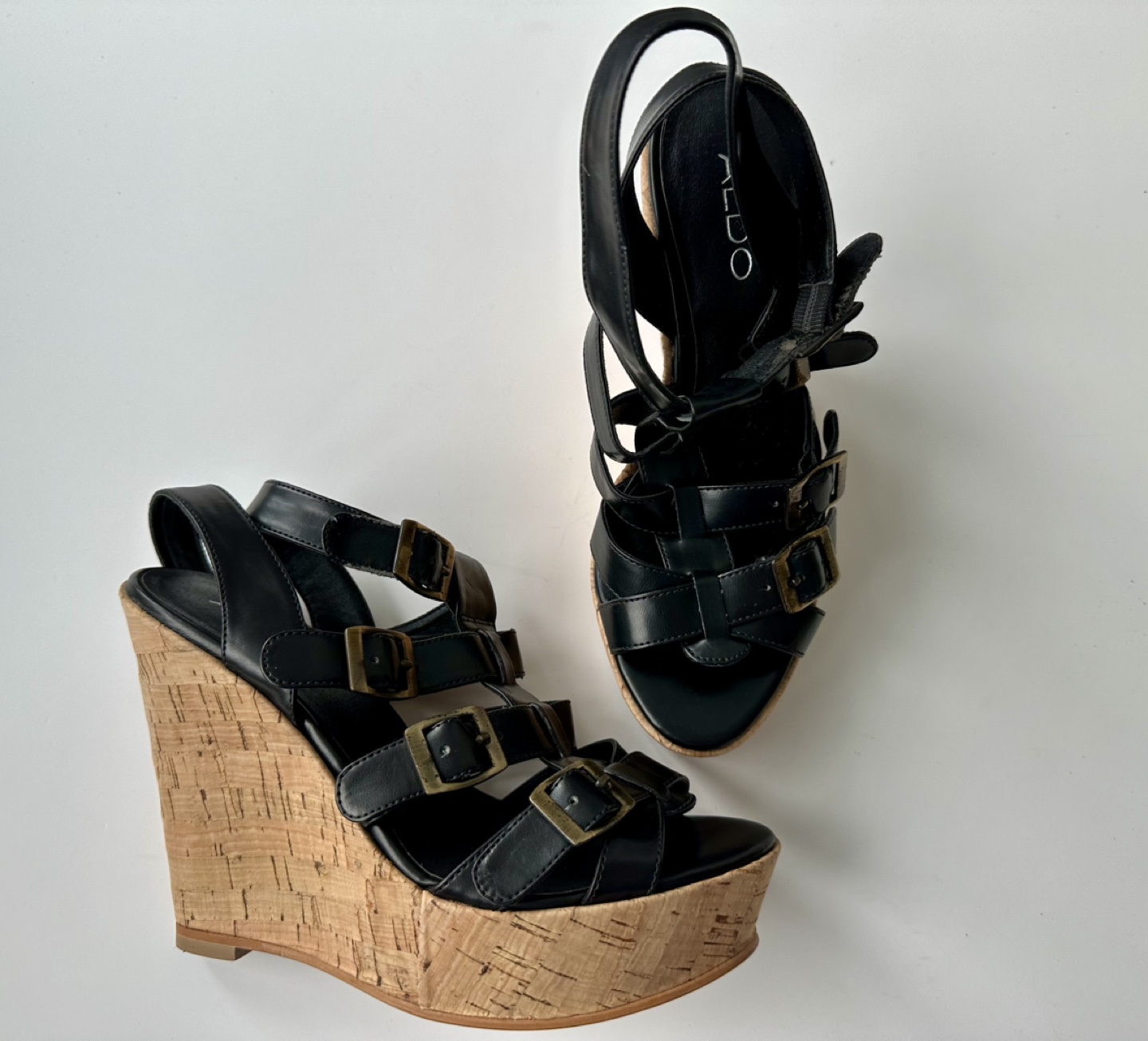 ALDO Black Leather Cork Wedge Sandals - photo 3