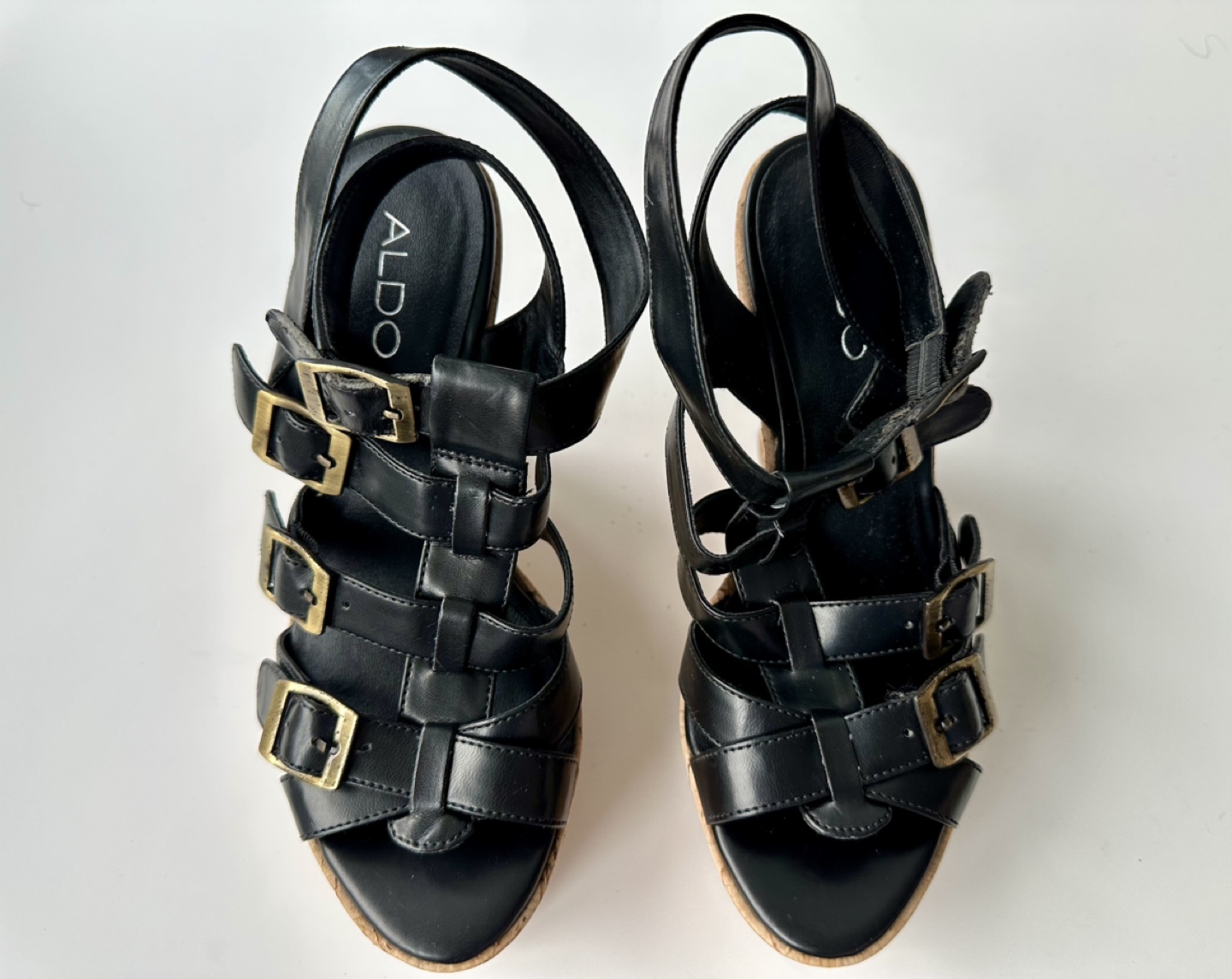 ALDO Black Leather Cork Wedge Sandals