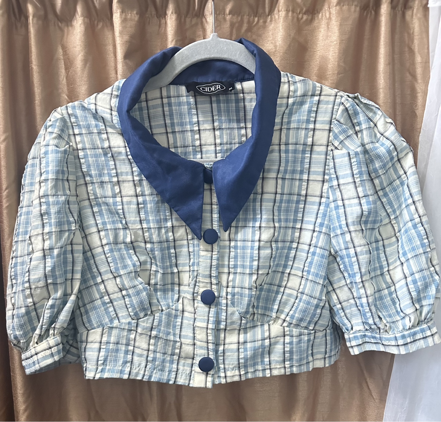 Cider Blue Plaid Button-Up Crop Top - Size M