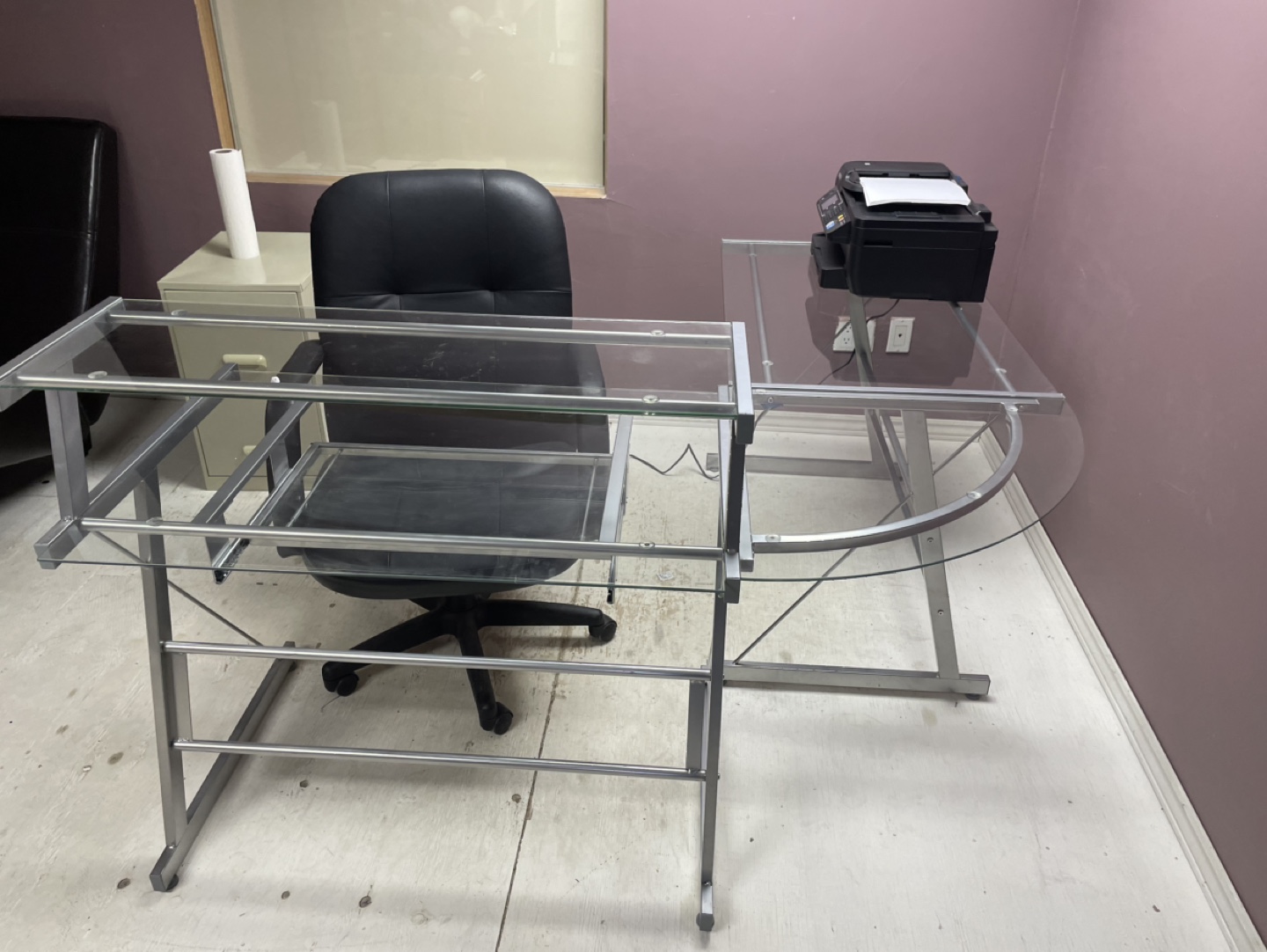 Glass Computer Desk with Metal Frame & chair
