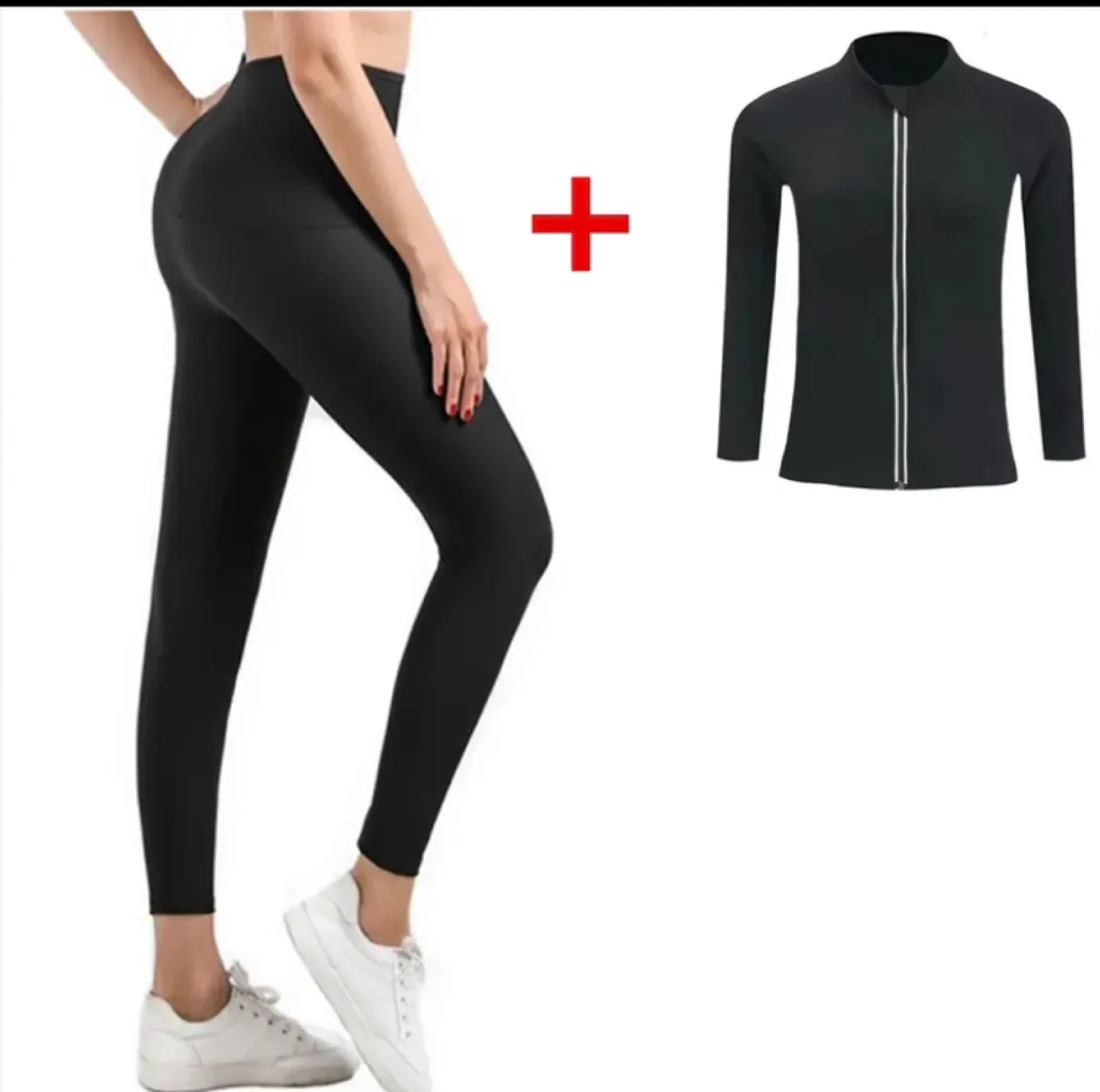 Women's Black Neoprene Fitness Set - Leggings & Zip-Up Jacket image indicator(2)