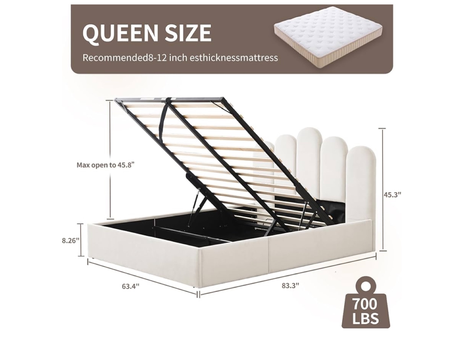 Queen Upholstered Bed Frame with Hydraulic Lift - photo 2
