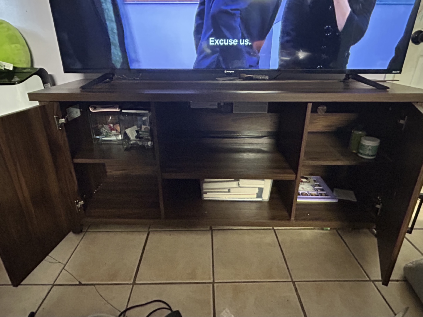 Dark Brown Wood TV Stand with Cabinets and Shelf - photo 2