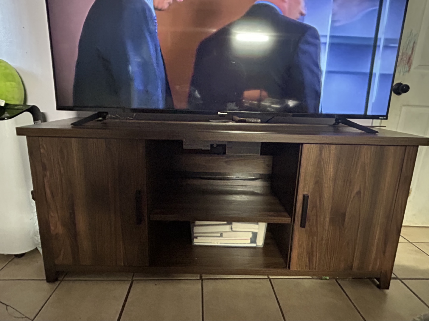 Dark Brown Wood TV Stand with Cabinets and Shelf