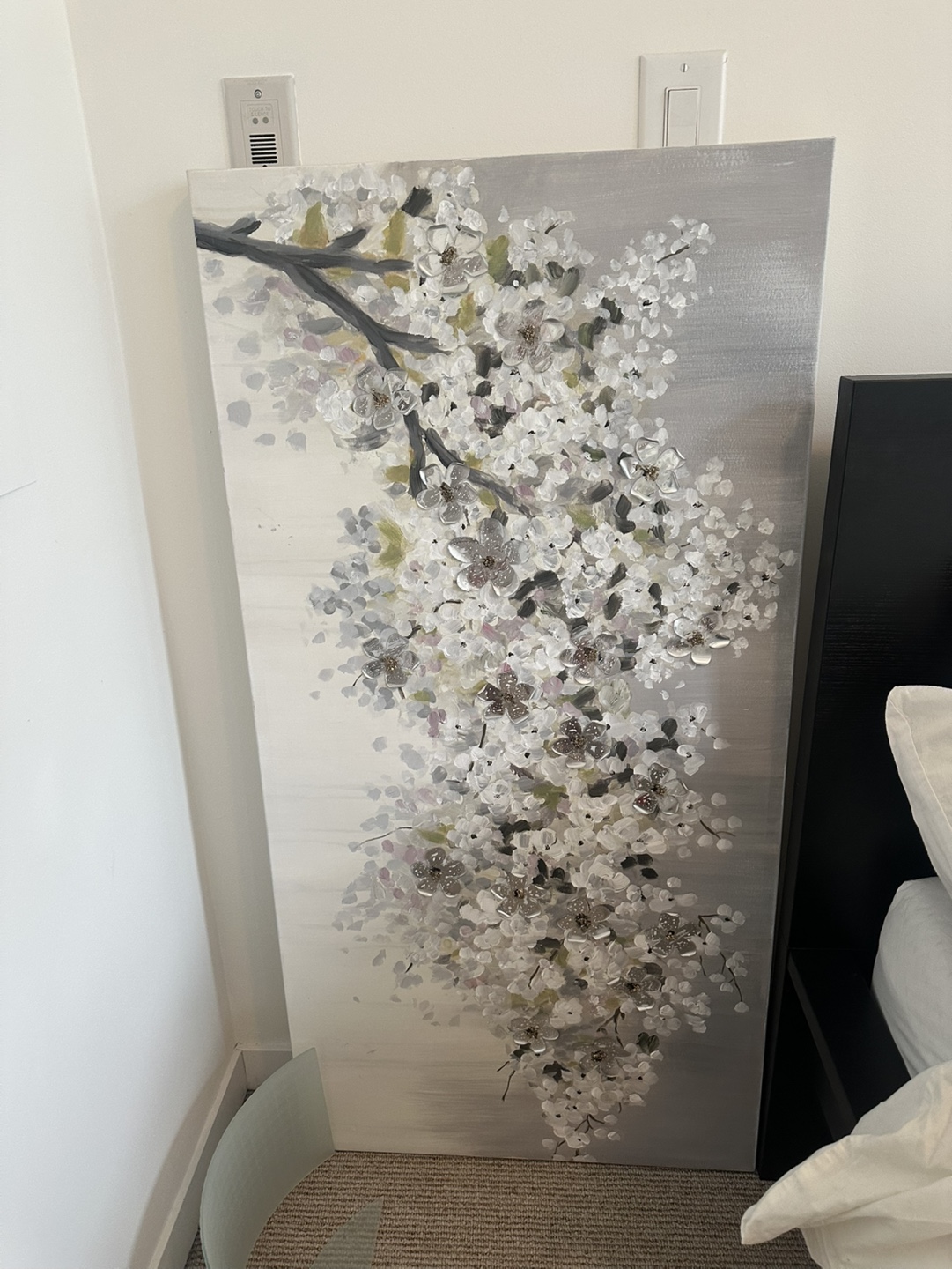 Large Grey and White Floral Canvas Wall Art