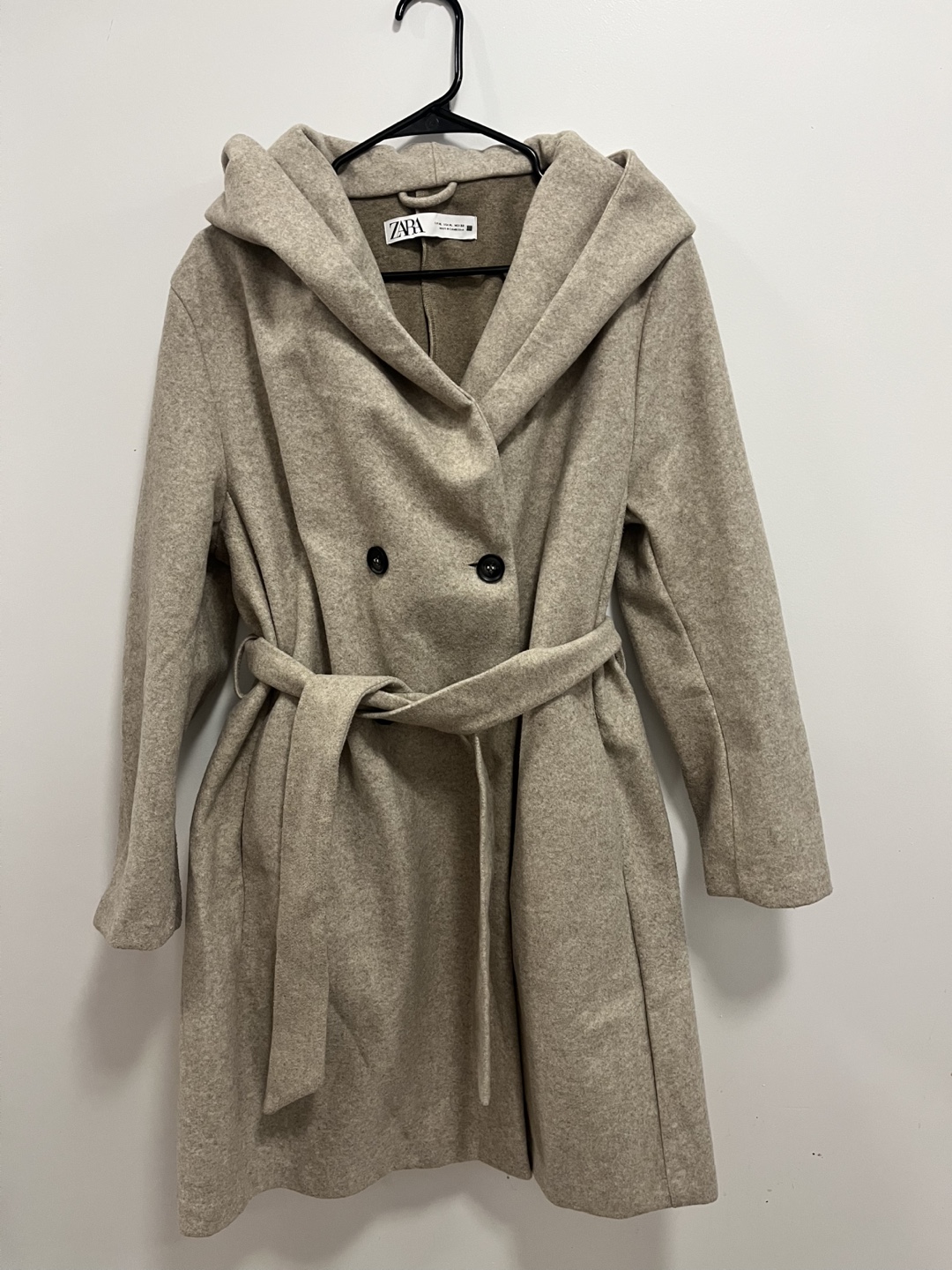 Zara Beige Hooded Double-Breasted Belted Coat