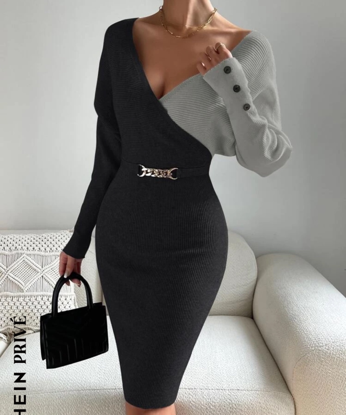 SHEIN PRIVÉ Two-Tone Knit Midi Dress