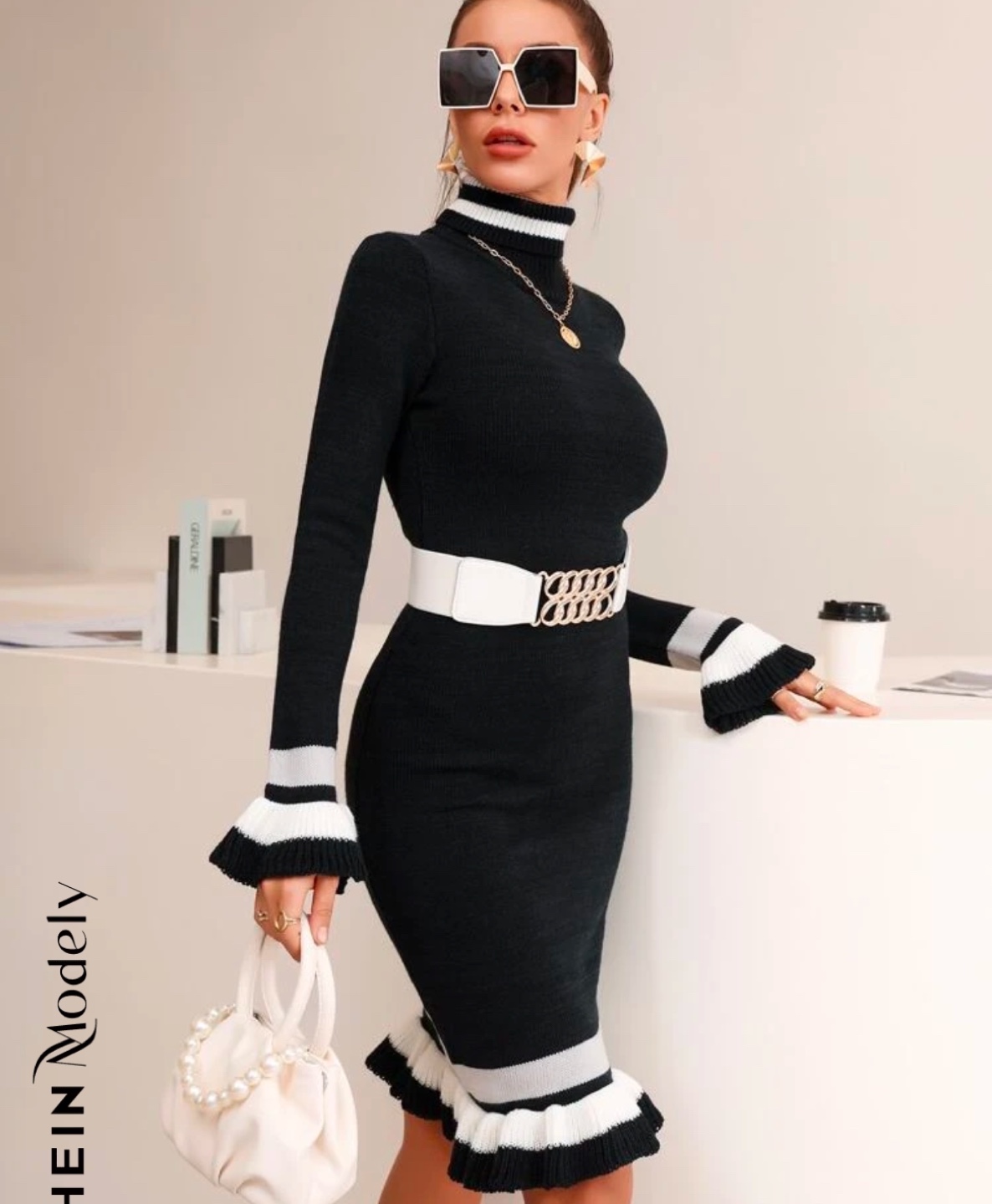 Black and White Knit Sweater Dress