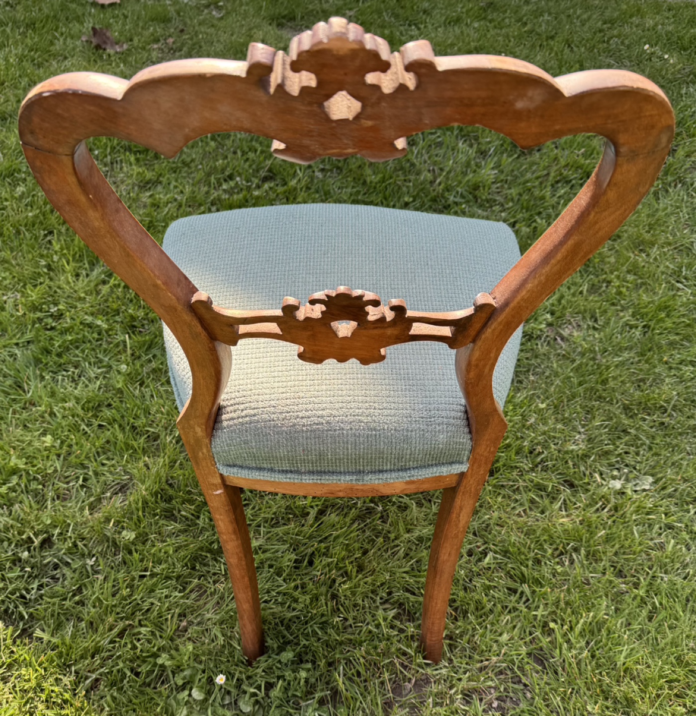 Antique Carved Wood Chair with Teal Upholstery - photo 3