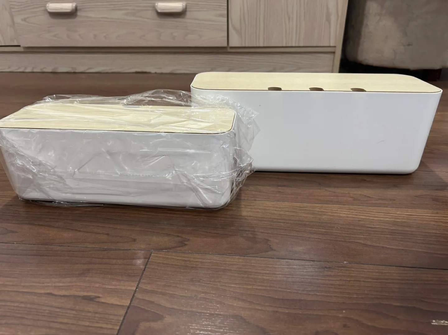 2x Cable Management Boxes with Wooden Lids