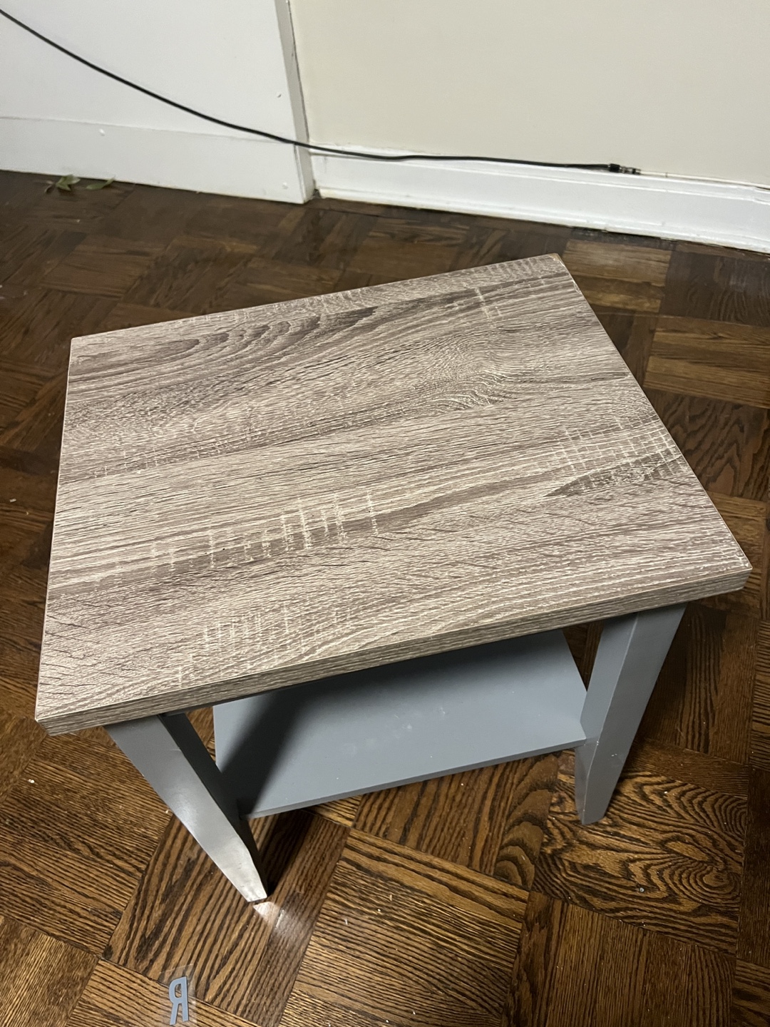 Grey end table with wood top