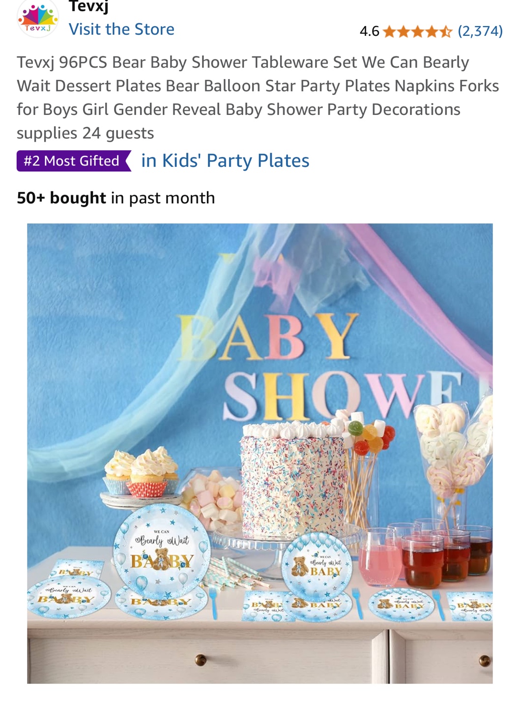 Texvj 96PCS Bear Baby Shower Tableware Set - photo 4