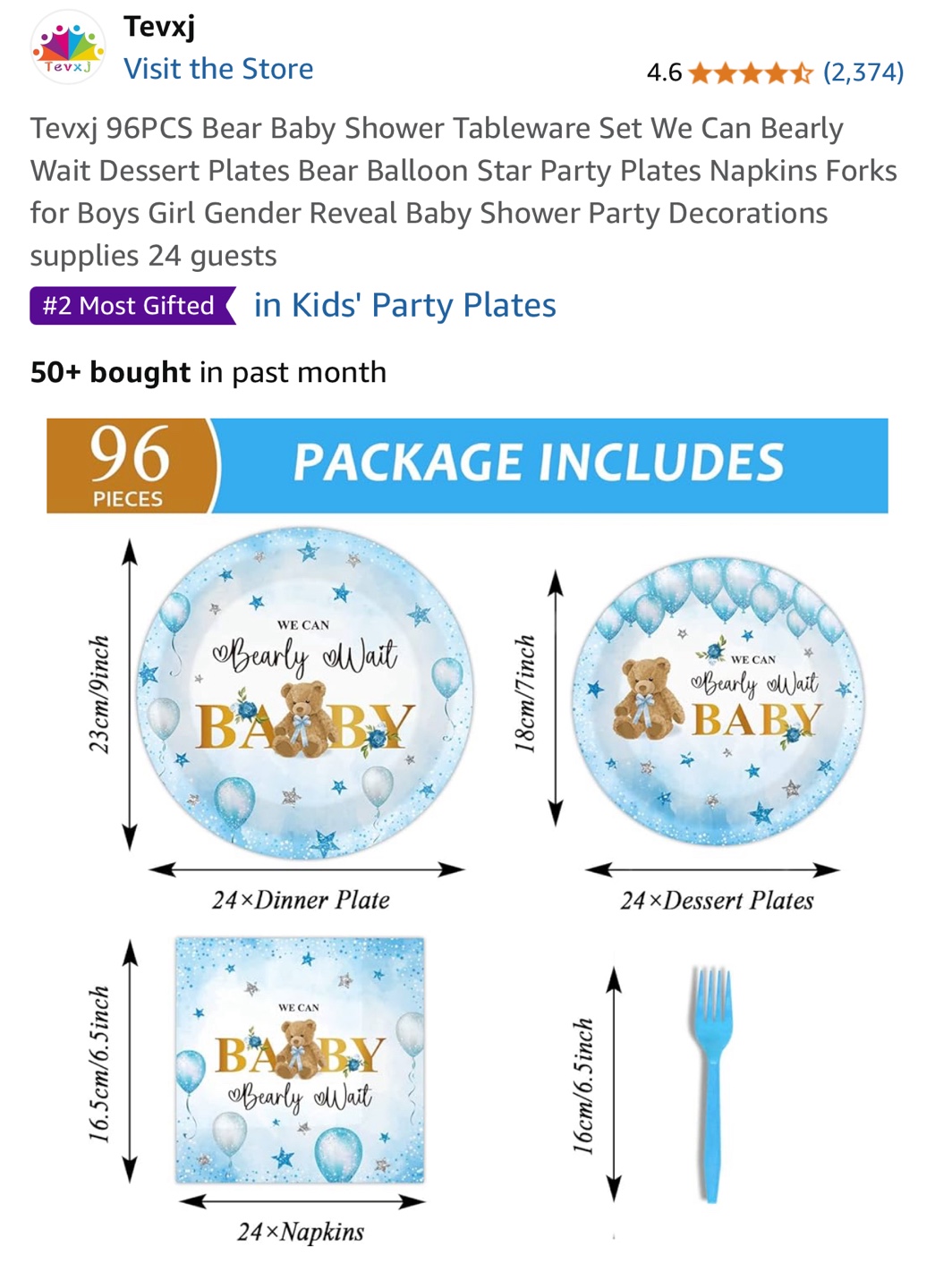 Texvj 96PCS Bear Baby Shower Tableware Set - photo 2