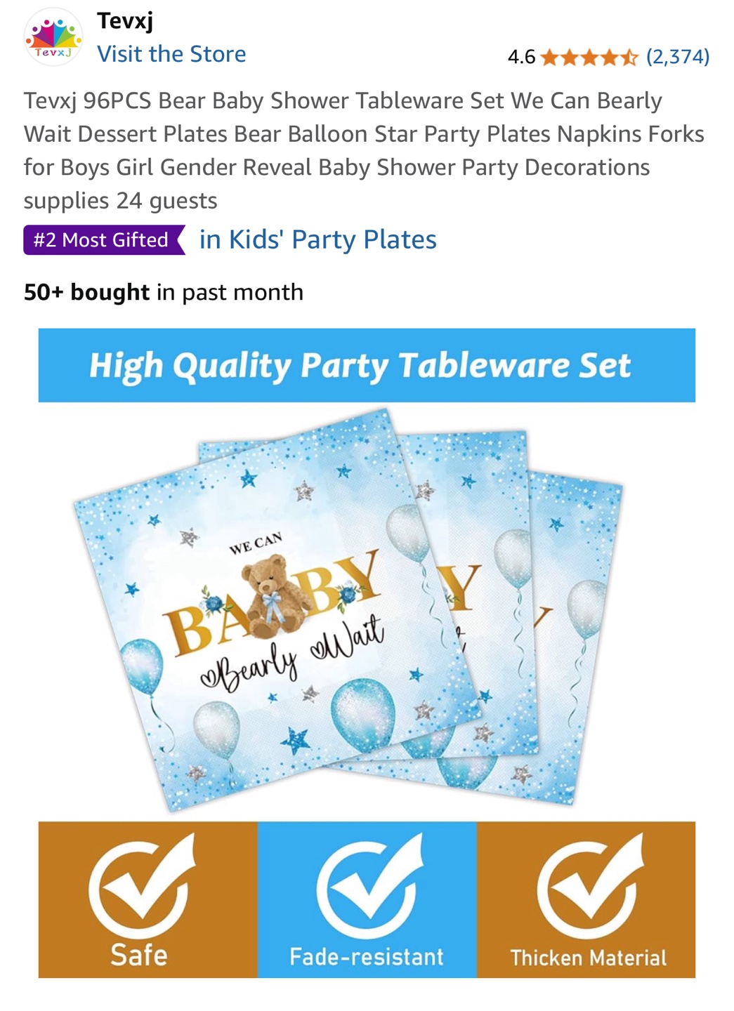 Texvj 96PCS Bear Baby Shower Tableware Set - photo 3