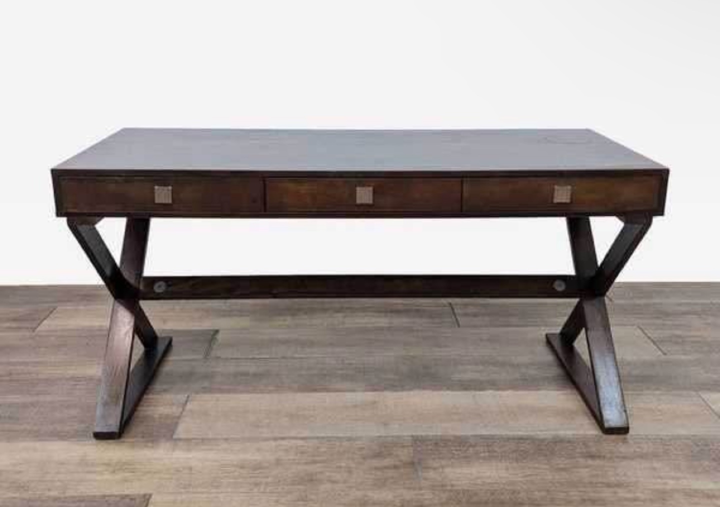 Dark Brown Wooden Desk with Three Drawers and X-Shaped Legs - photo 3