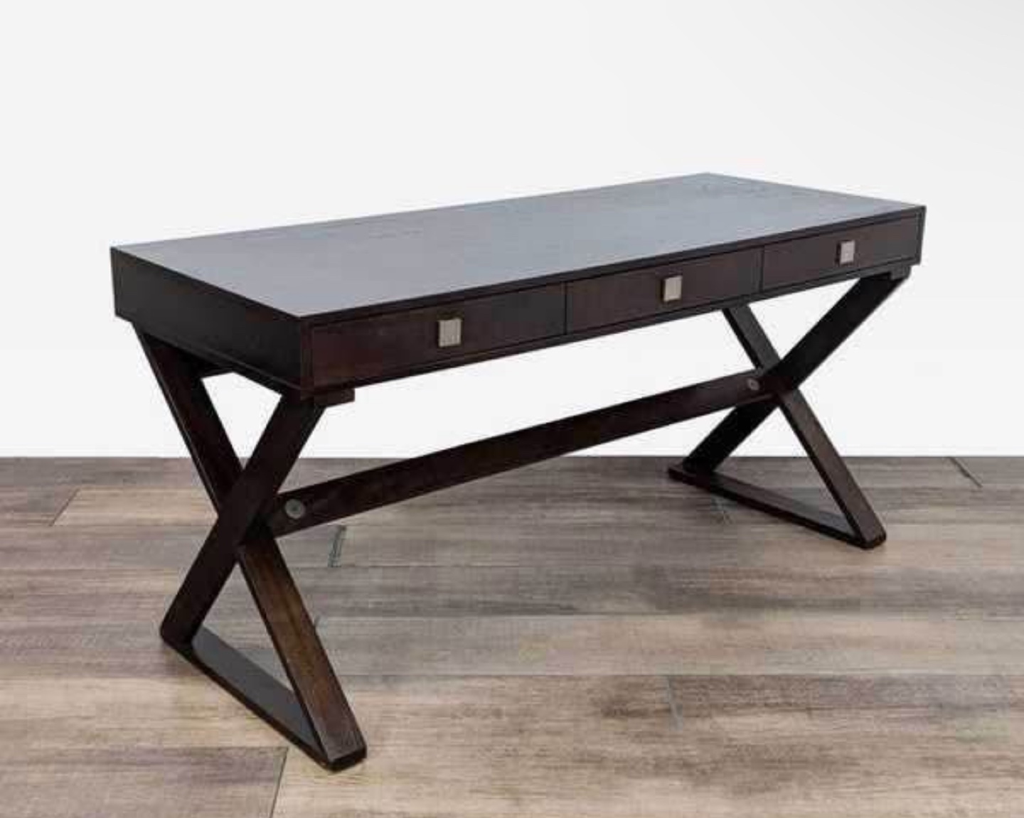 Dark Brown Wooden Desk with Three Drawers and X-Shaped Legs