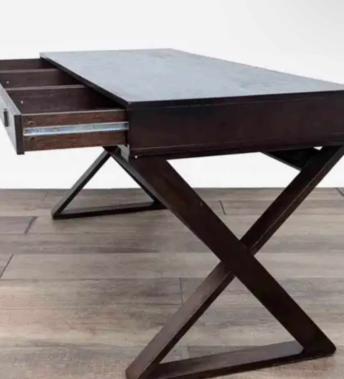 Dark Brown Wooden Desk with Three Drawers and X-Shaped Legs - photo 4