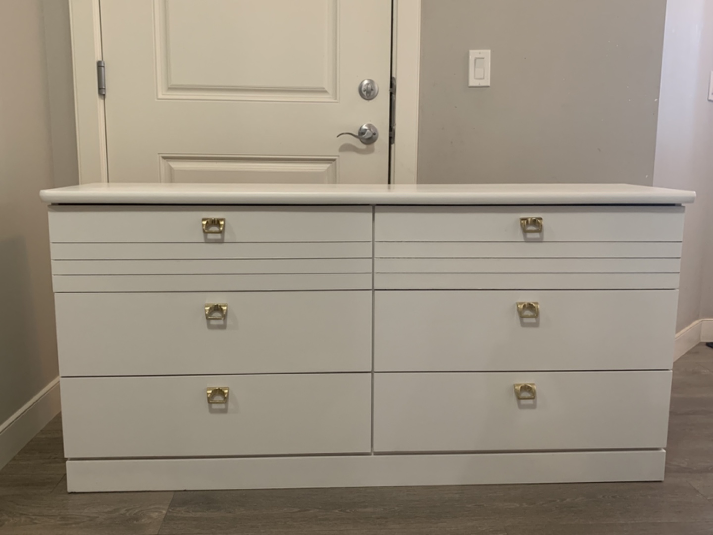 White Six-Drawer Dresser with Gold Hardware