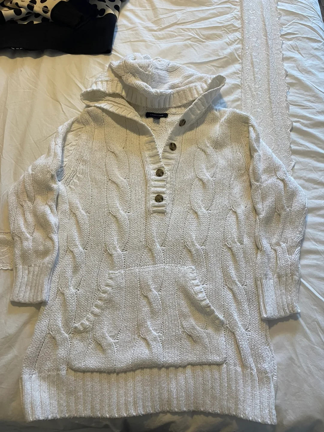 Lands' End White Cable Knit Hooded Sweater thumbnail
