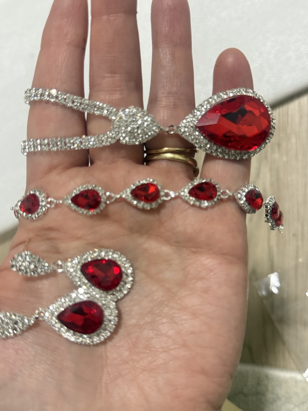 Red Crystal Jewellery Set - Necklace, Bracelet & Earrings