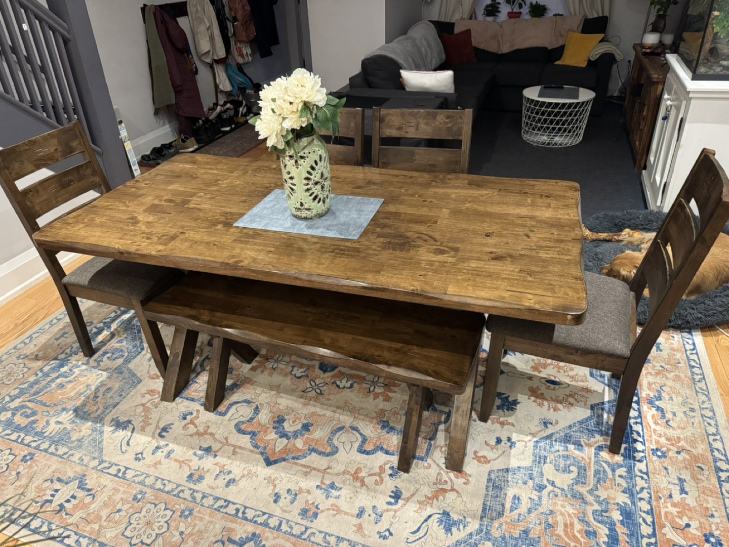 Rustic Farmhouse Dining Table with Bench and 4 Chairs