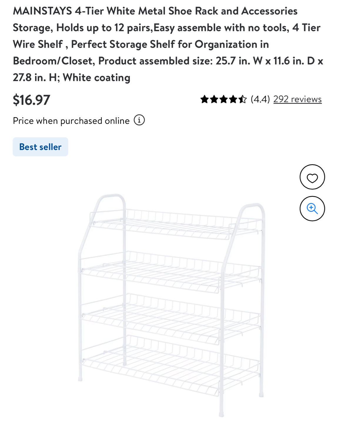 MAINSTAYS 4-Tier White Metal Shoe Rack