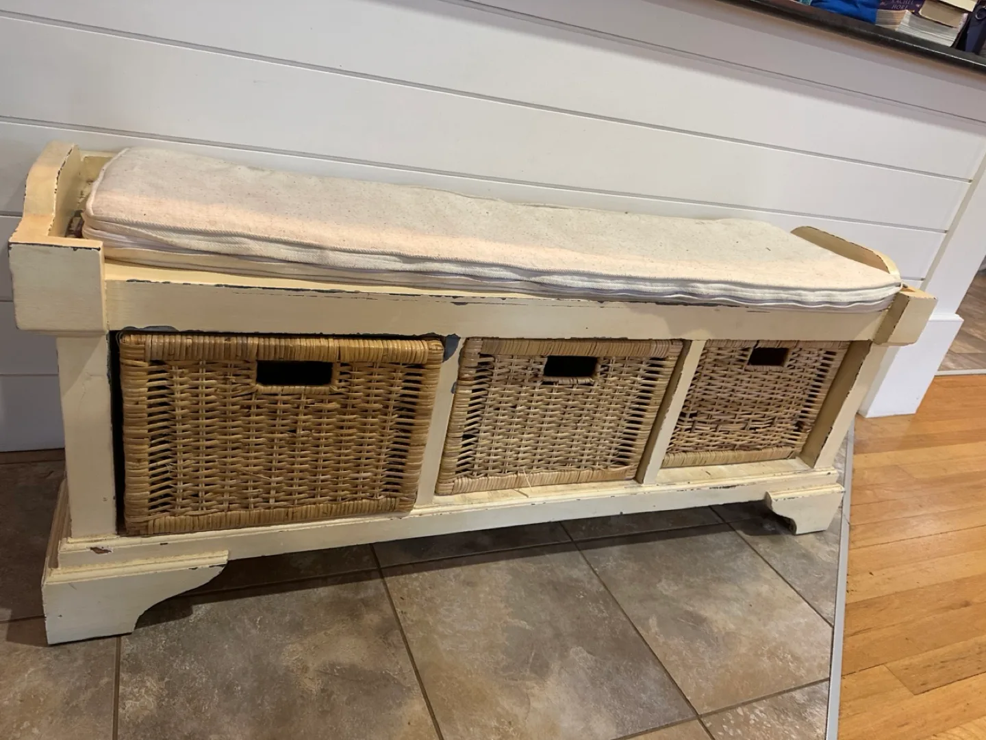 Rustic White Storage Bench with Three Wicker Baskets thumbnail