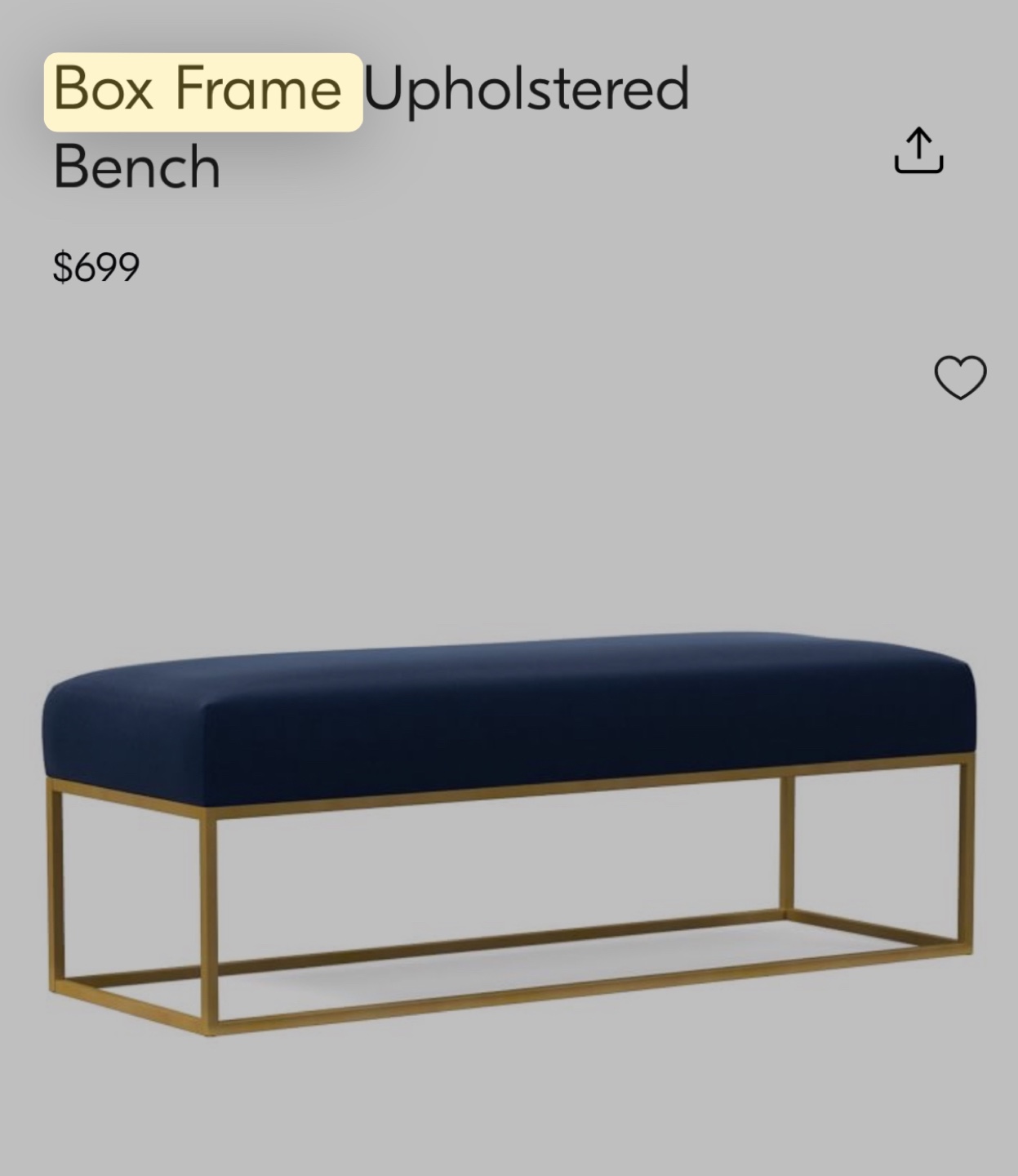 Navy Blue Velvet Upholstered Bench with Gold Metal Frame
