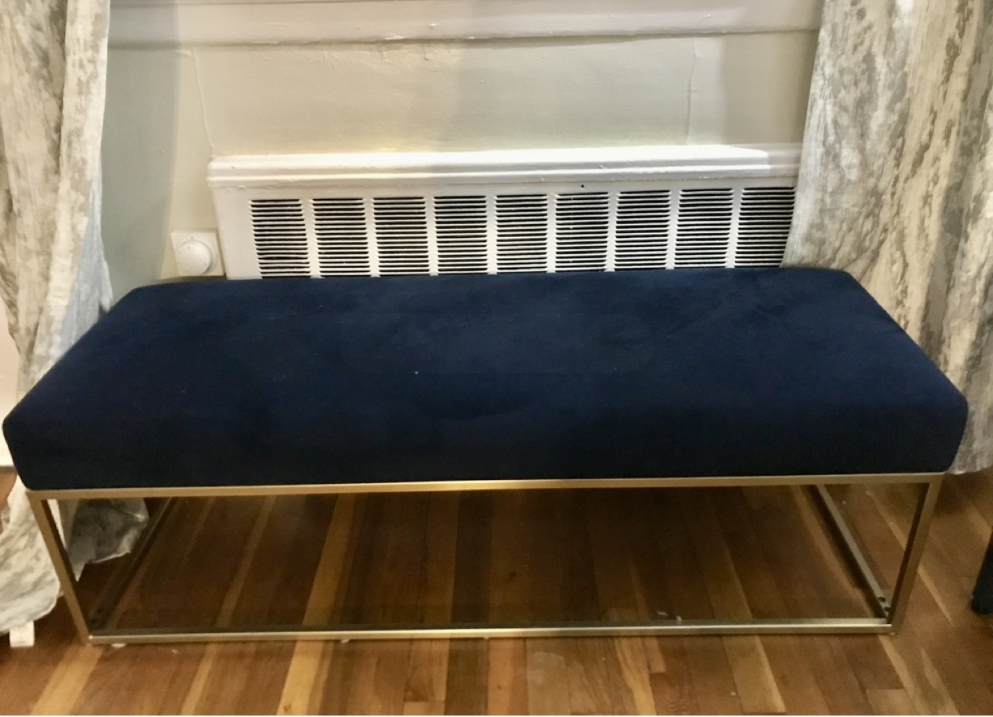 Navy Blue Velvet Upholstered Bench with Gold Metal Frame - photo 2