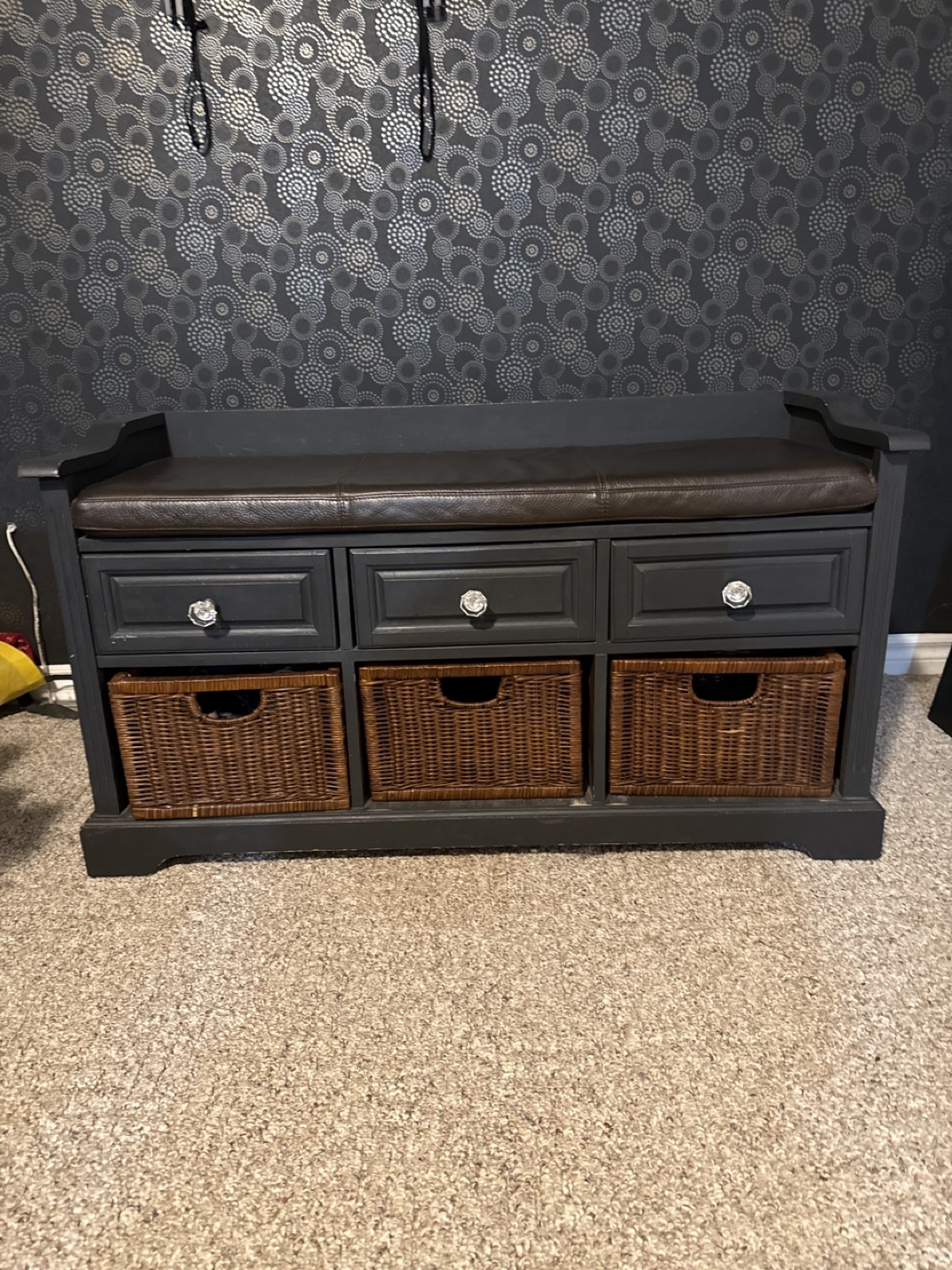 Dark Grey Storage Bench with Three Drawers and Baskets