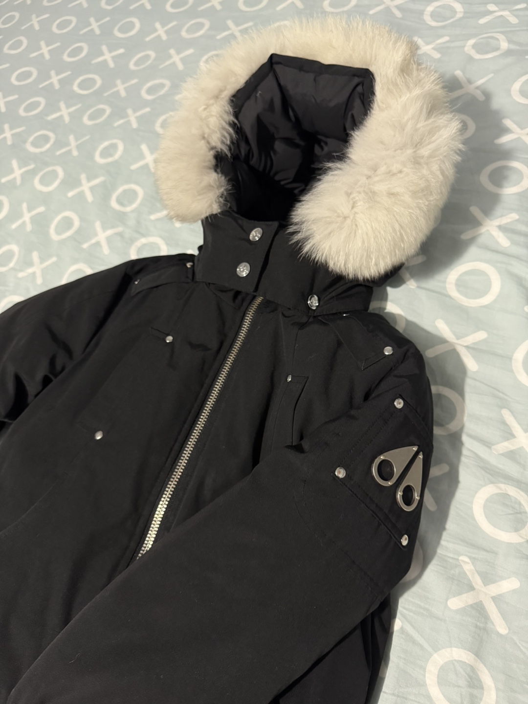 Moose Knuckles for kids black bomber jacket with fur hood
