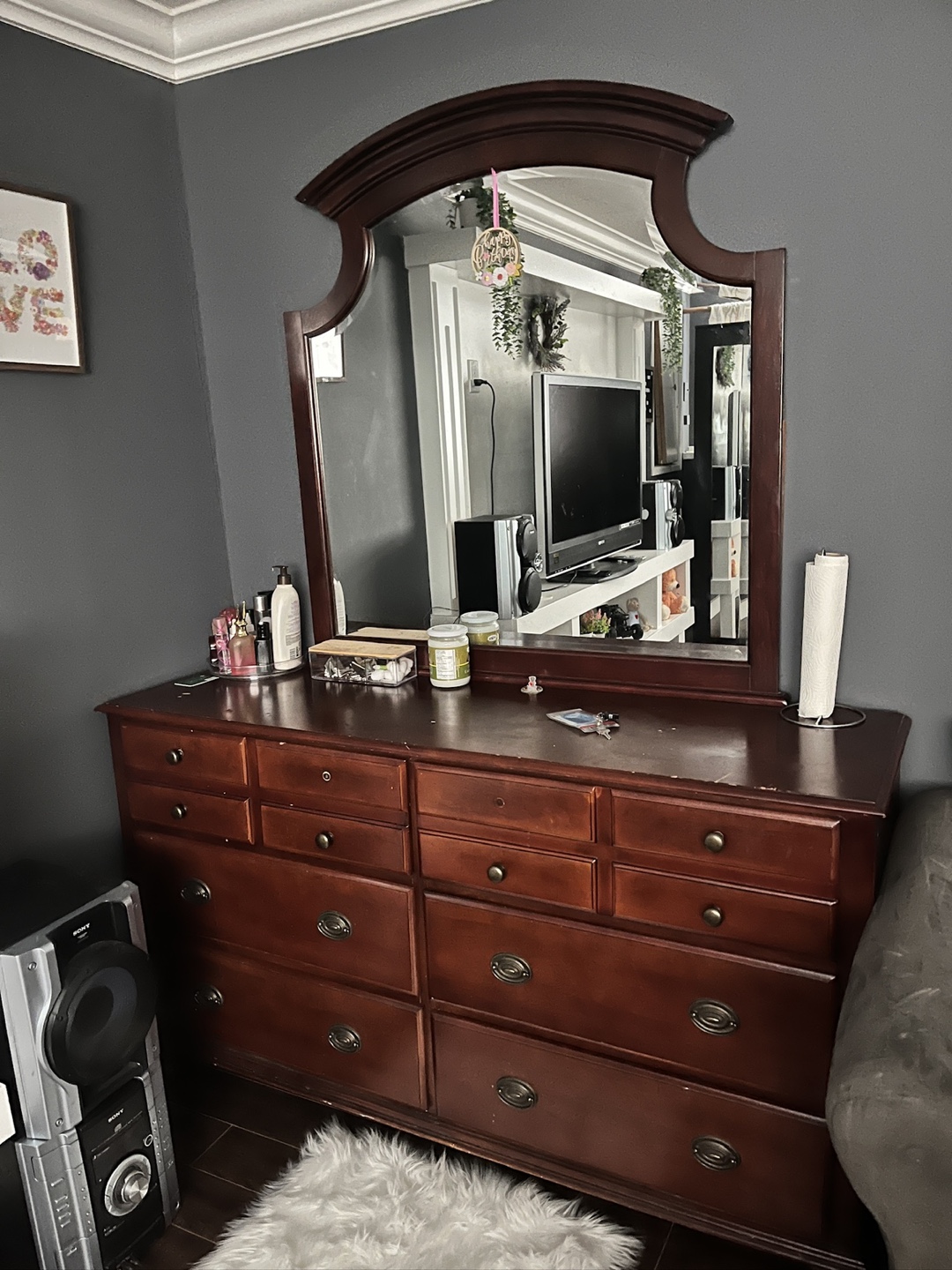 Dark wood dresser with mirror