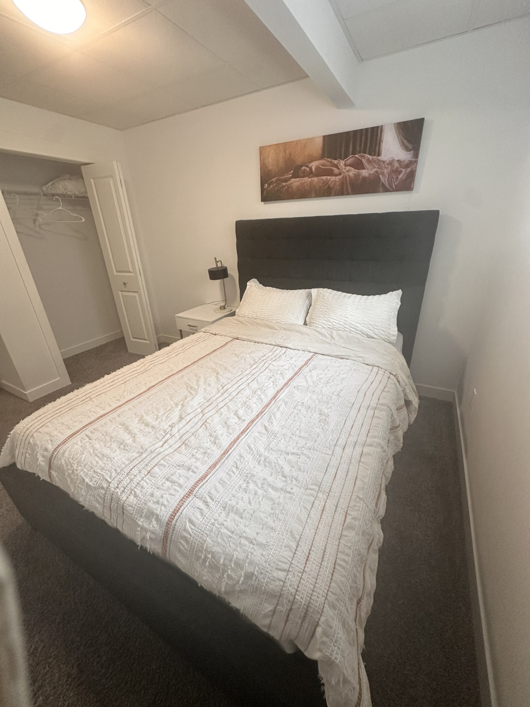 Queen bed, Mattress, Box spring, Night stand and lamp