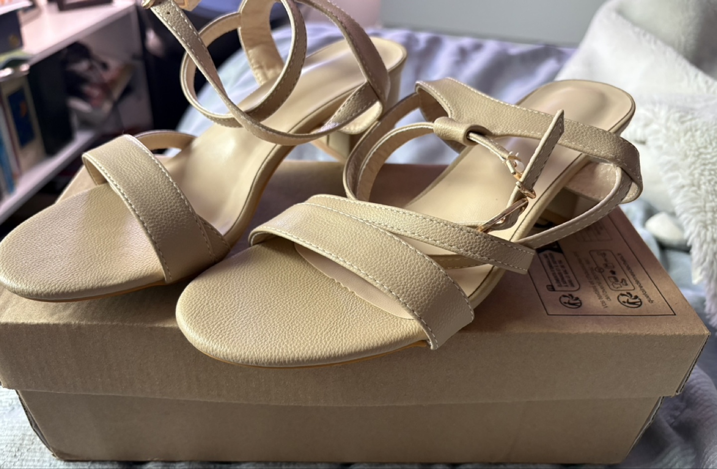 Beige Ankle Strap Block Heel Sandals