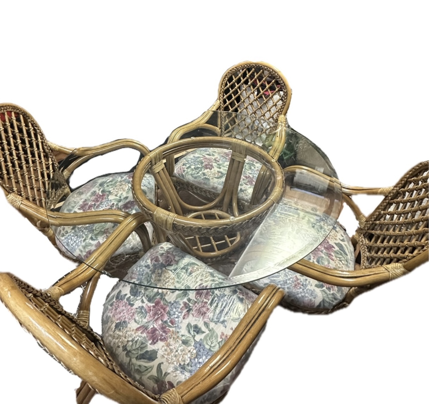 Rattan Dining Set - 4 Chairs & Glass Top Table