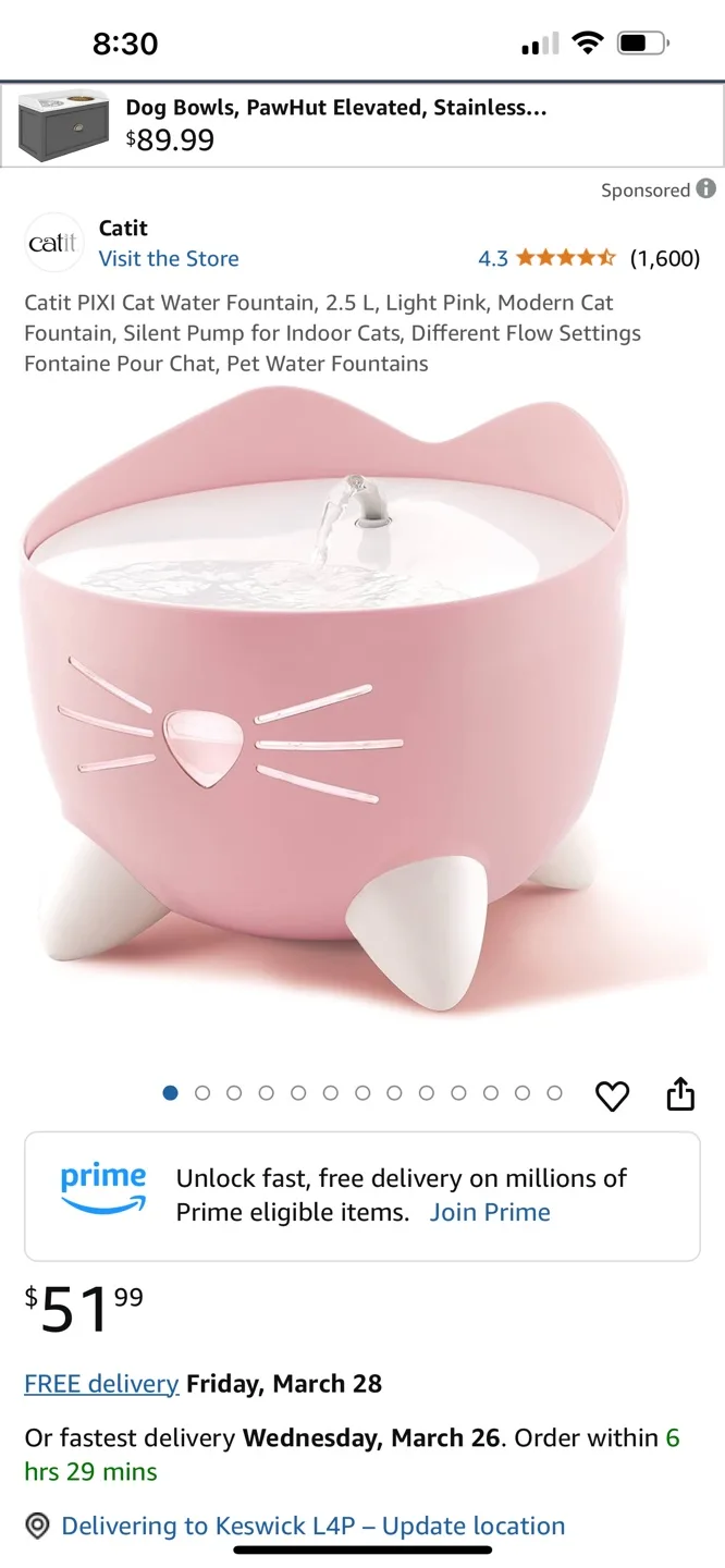Catit PIXI Cat Water Fountain - Light Pink thumbnail