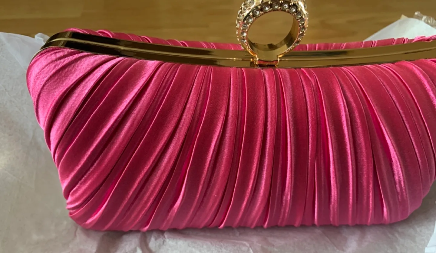 Pink Pleated Clutch Evening Bag with Rhinestone Ring Clasp thumbnail