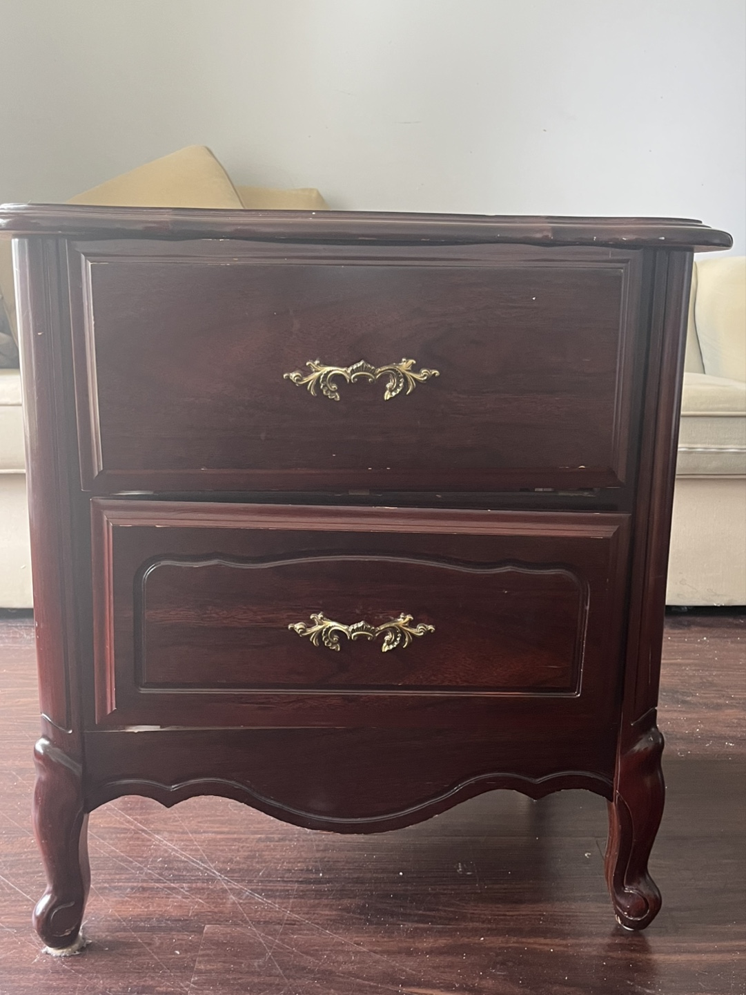 Dark brown wooden two-drawer nightstand