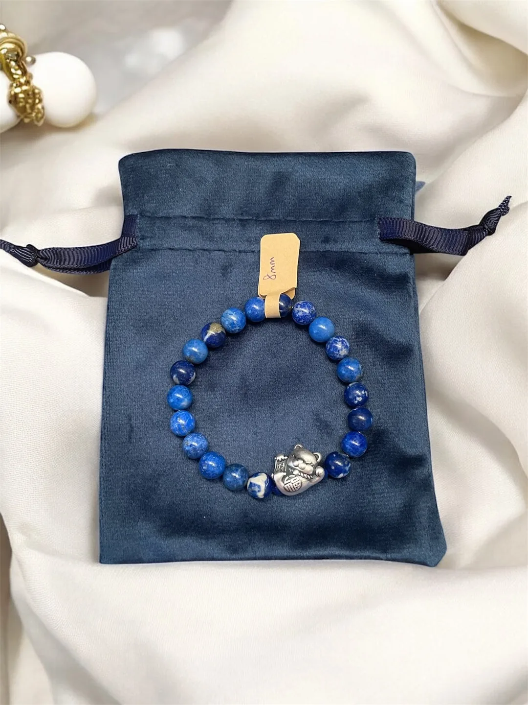 Lapis Lazuli Bracelet with sterling silver Maneki-neko Charm thumbnail