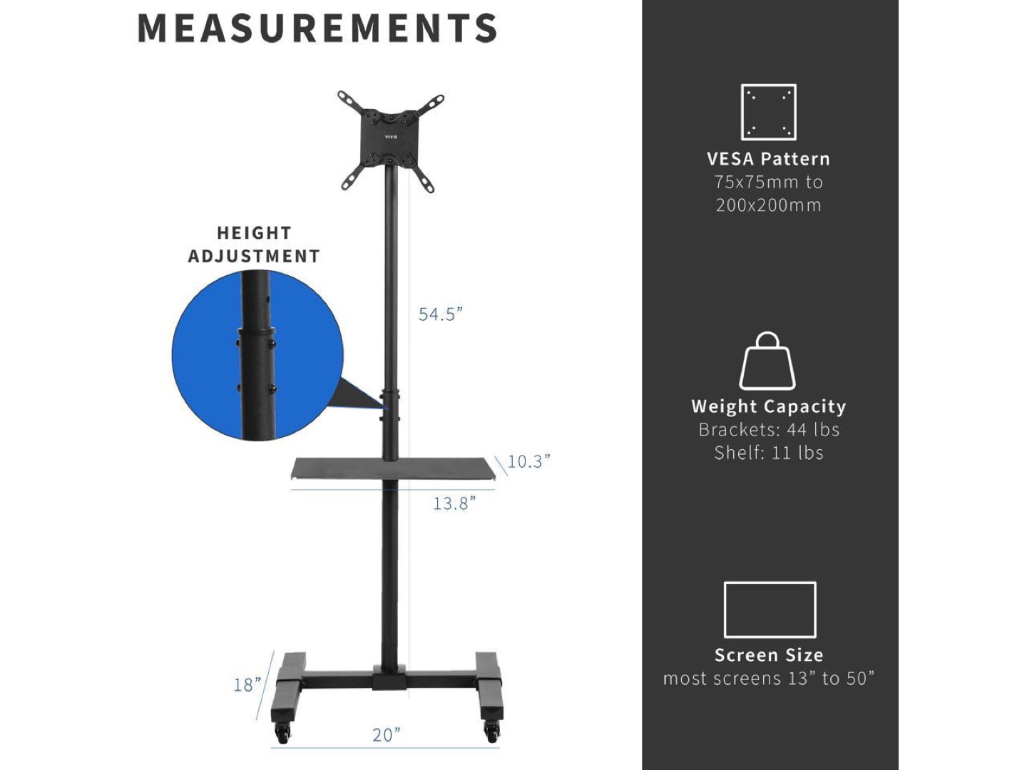 Rolling TV Stand with Height Adjustment - Fits Screens up to 50" - photo 4