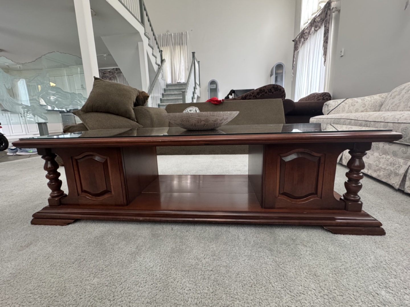 Large Wood Coffee Table with Glass Top - photo 3