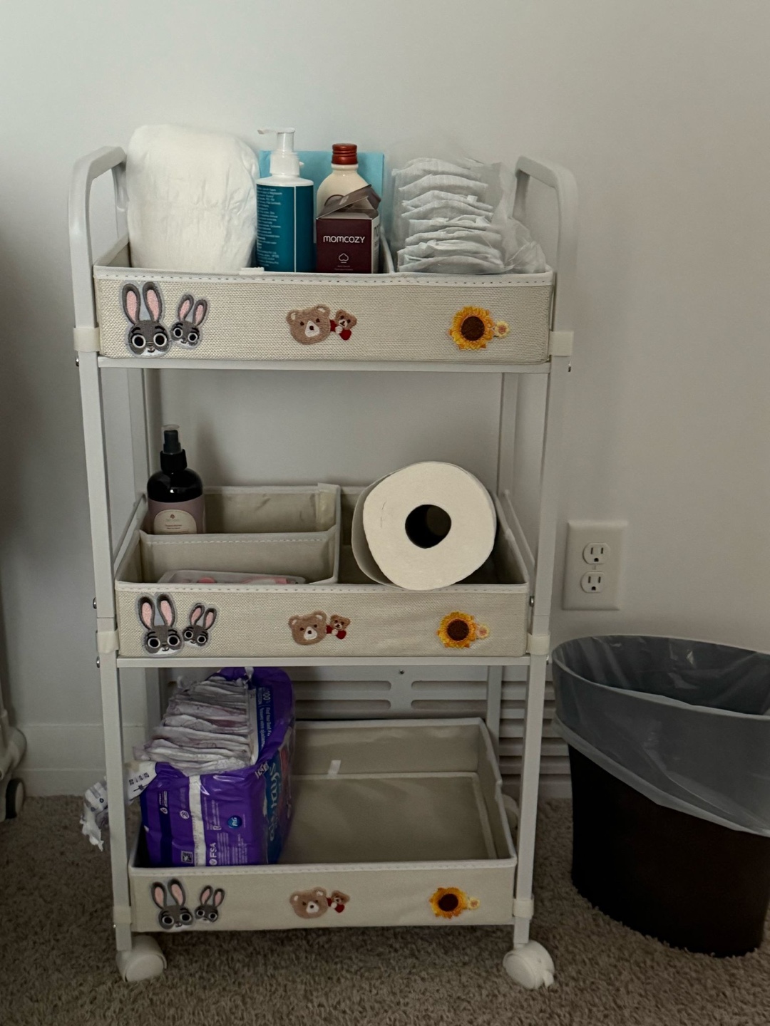 Three-Tier Rolling Cart with Fabric Baskets